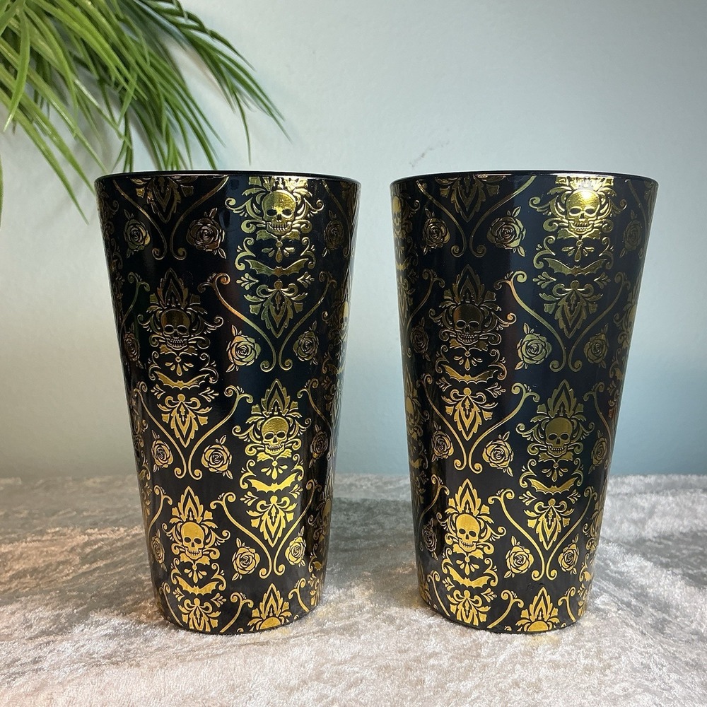 Spirit Halloween Black Gold Gothic Skull Damask Pint Glasses Set of 2 Foil Cups